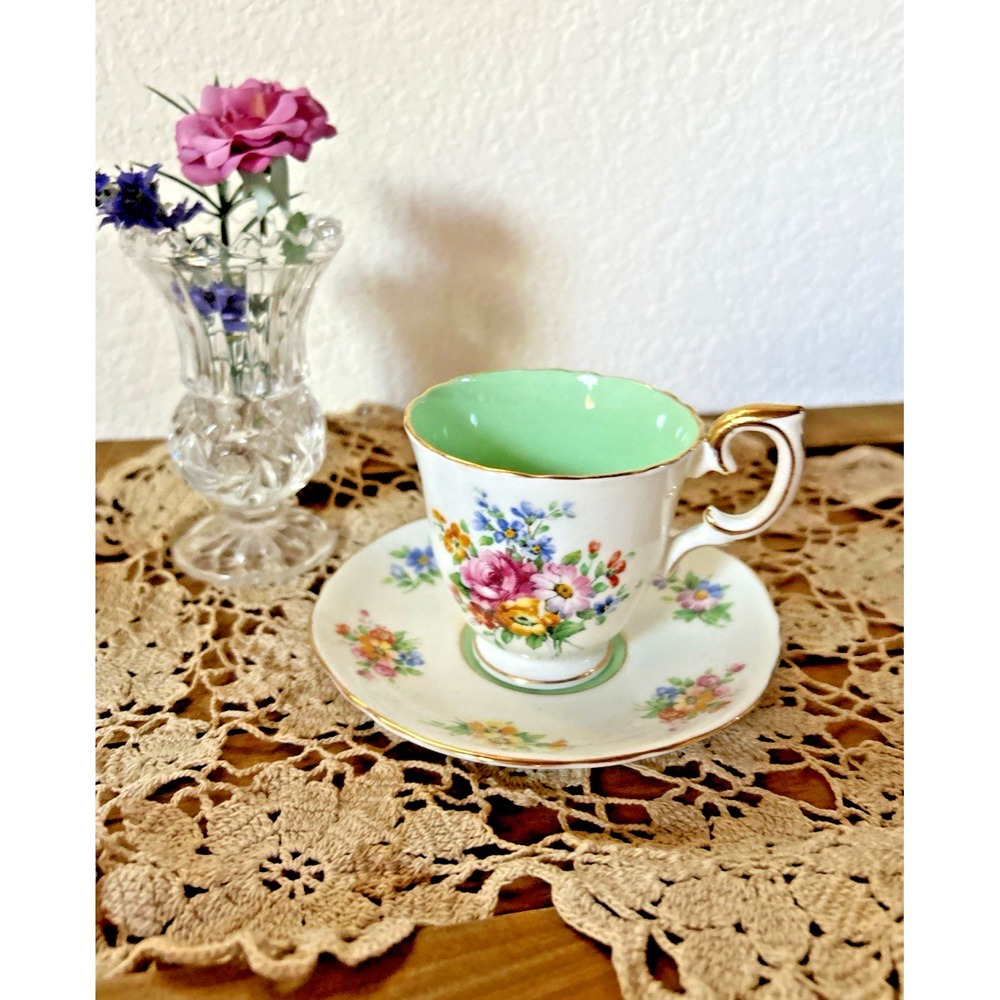Crown Staffordshire Bone China Teacup Saucer Mint Green Floral Gold Gilt England